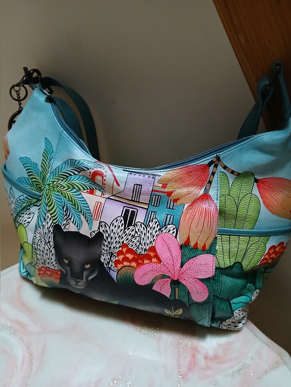 Anuschka Floral Village Panther Hobo Shoulder Bag